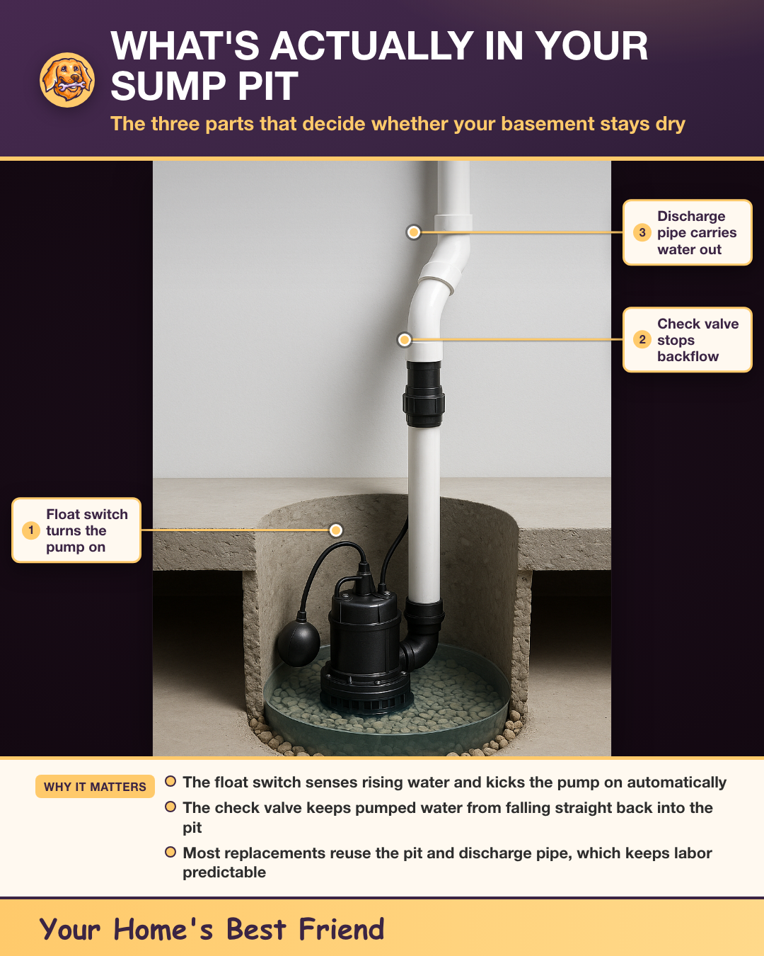 Cutaway diagram of a basement sump pit showing the submersible pump, float switch, check valve, and discharge pipe